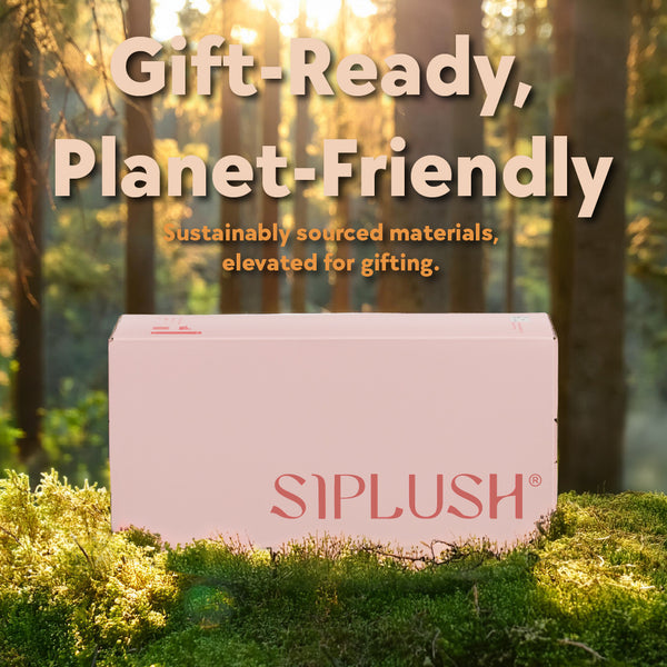 SIPLUSH Gift-Ready Planet-Friendly packaging box in forest setting – sustainably sourced materials elevated for gifting
