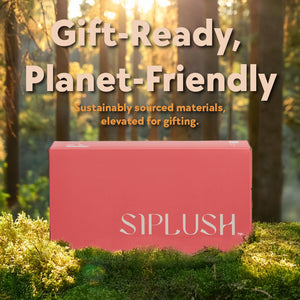 SIPLUSH Pismo Sunset Gift-Ready Planet-Friendly pink packaging box in forest setting – sustainably sourced materials elevated for gifting