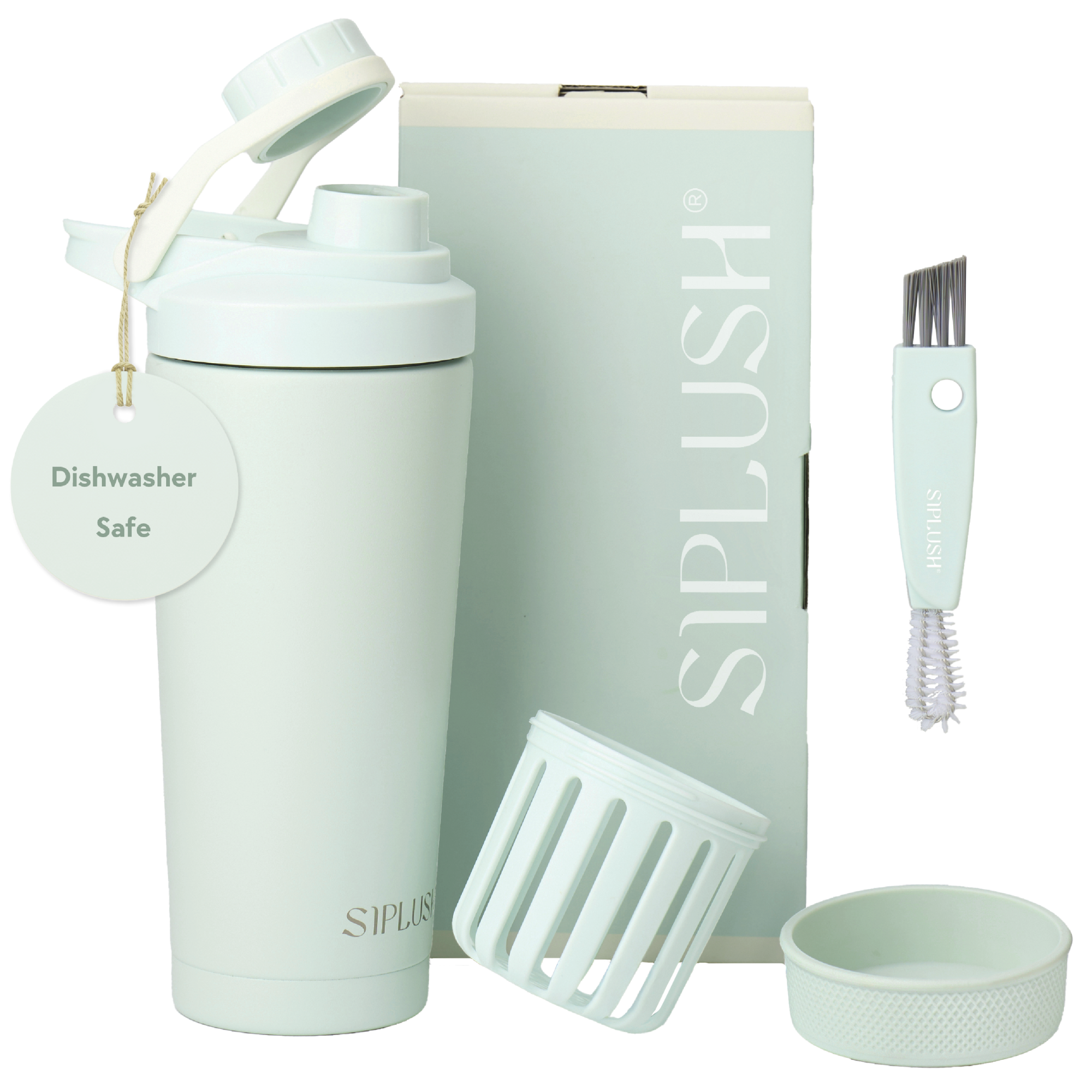 Tahoe Mist SIPLUSH 24oz Shaker Bottle complete set – bottle with box, infuser, cleaning brush, and cap on white background, Dishwasher Safe