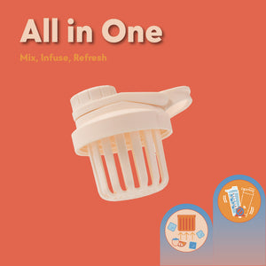 SIPLUSH Malibu Sands 24oz Stainless Steel Shaker Bottle – All in One infographic showing Mix, Infuse, Refresh features on orange background