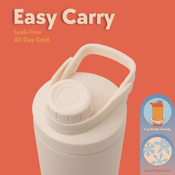 SIPLUSH Malibu Sands 24oz Stainless Steel Shaker Bottle – Easy Carry infographic showing Leak-Free All Day Cold with cup holder friendly and up to 19 hours cold retention