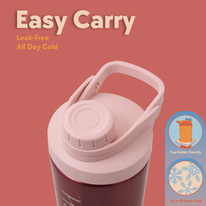SIPLUSH Pismo Sunset 24oz Stainless Steel Shaker Bottle – Easy Carry infographic showing Leak-Free All Day Cold with cup holder friendly and up to 19 hours cold retention