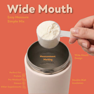 SIPLUSH Malibu Sands 24oz Stainless Steel Shaker Bottle – Wide Mouth infographic showing Easy Measure Simple Mix design with measurement markings and double-wall insulation