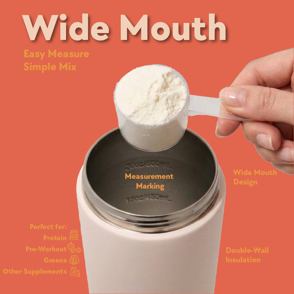 SIPLUSH Malibu Sands 24oz Stainless Steel Shaker Bottle – Wide Mouth infographic showing Easy Measure Simple Mix design with measurement markings and double-wall insulation