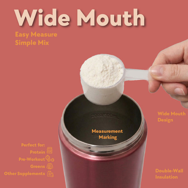 SIPLUSH Pismo Sunset 24oz Stainless Steel Shaker Bottle – Wide Mouth infographic showing Easy Measure Simple Mix design with measurement markings and double-wall insulation