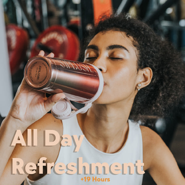 Woman drinking from SIPLUSH Pismo Sunset 24oz Stainless Steel Shaker Bottle at gym – All Day Refreshment over 19 hours cold lifestyle shot