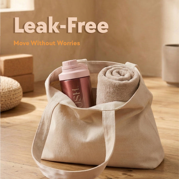 SIPLUSH Pismo Sunset 24oz Stainless Steel Shaker Bottle in beige tote bag with towel – Leak-Free Move Without Worries lifestyle shot