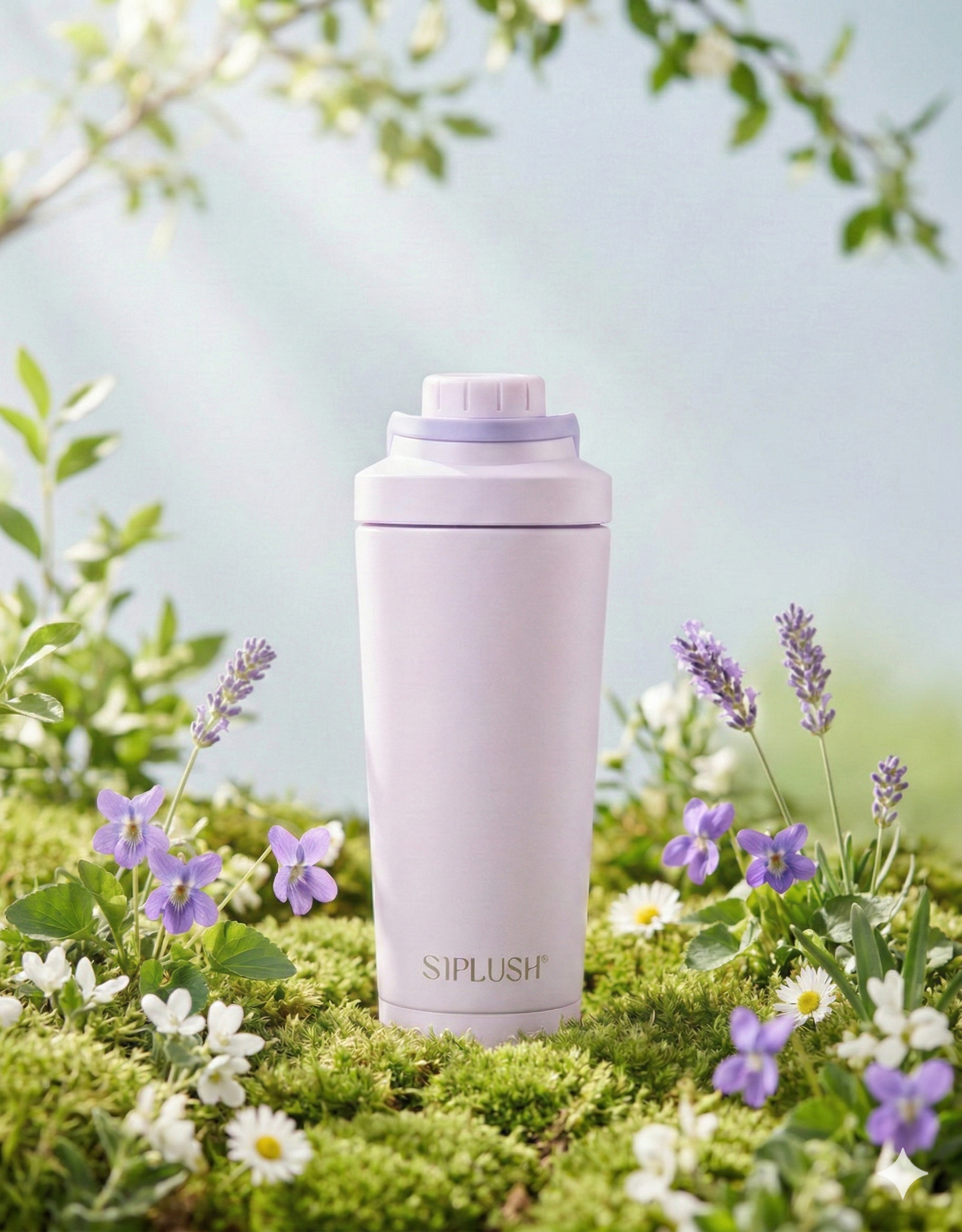 Lavender Coast SIPLUSH 24oz Stainless Steel Shaker Bottle – lavender purple lifestyle shot with lavender flowers and daisies in natural setting