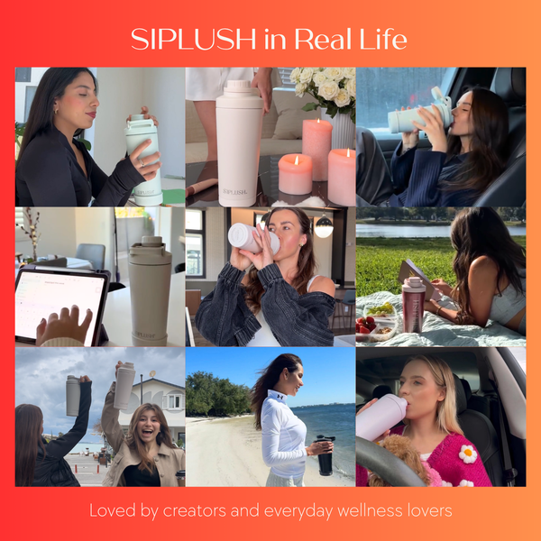 SIPLUSH in Real Life social proof collage – Multiple women using Malibu Sands Stainless Steel Shaker Bottle in various settings, loved by creators and everyday wellness lovers