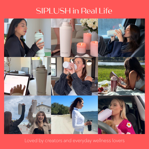 SIPLUSH in Real Life social proof collage – Multiple women using Pismo Sunset Stainless Steel Shaker Bottle in various settings, loved by creators and everyday wellness lovers