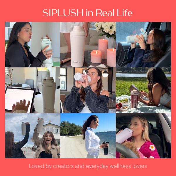 SIPLUSH in Real Life social proof collage – Multiple women using Pismo Sunset Stainless Steel Shaker Bottle in various settings, loved by creators and everyday wellness lovers