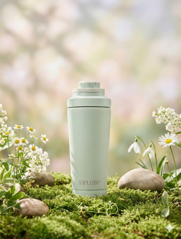 Tahoe Mist SIPLUSH 24oz Stainless Steel Shaker Bottle – sage green lifestyle shot with daisies, white wildflowers and mossy rocks in natural setting